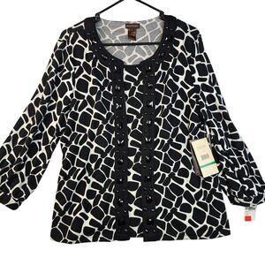 Multiples Large Giraffe Print Beaded Cardigan Black White Long Sleeve Deadstock
